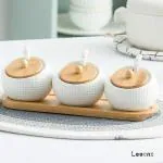 Leeonz Porcelain Condiment Jar Spice Container with Lids - Bamboo Cap Holder Spot, Ceramic Serving Spoon, Wooden Tray - Best Pottery Cruet Pot for Your Home, Kitchen, Counter. White,170 ML, Set of 3