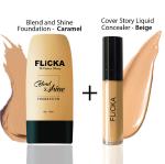 Flicka Combo Set of Blend & Shine Foundation 30ML & Cover Story Concealer 8.5ML (caramel - Beige)