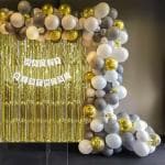 SPECIALYOU.IN Birthday Decoration backdrop Item for girls and boys DIY combo with White and Silver Balloons, Gold confetti balloons, Happy Birthday paper banner and Gold fringe foil curtains - 60 items