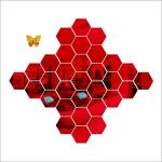 Look Decor Hexagon and Butterflies Red 3D Hexagon Mirror Wall Stickers (Pack Of 30)