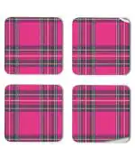 Whats Your Kick Pink Fabric Check Pattern Design Printed Set of 4 Coaster With Metal Stand