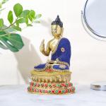NIKSA HOMES Stone Embellished Brass Buddha - Blue | Blessing Sculpture | Handcrafted Stone Work | for Home Decor, Gift, Religious Showpiece | Golden, Blue Color
