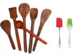 Shopimoz Wooden Ladle Set(6PC) With Silicone Brush Set Multicolor