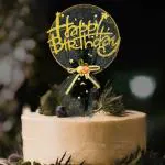 Zyozique Happy Birthday Cake Topper with Net & Flower | Birthday Decorations Items | Cake Decorations Topper Black & Gold/Party Decorations Item