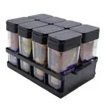 BUILD IMPRESSION Plastic Masala Spices Container Set Capacity With Airtight Lid Kitchen Pantry Organizer For Salt Mukhwas Box With Tray (125 Ml -8 Pcs Black Color)
