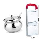 BLUE WONDER Stainless Steel Multipurpose Ghee Pot/Pickle Container with Spoon With Stainless Steel Ajanta Slicer and (Multicolour, Pack of 2)