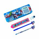 FULLKART Captain America Plastic Pencil Box Case with Calculator, 1 Gel Pen, Stack Pencil, Scale and Eraser Stationery Set Organizer for Kids, Boys, Girls (Assorted Stationery Items Designs