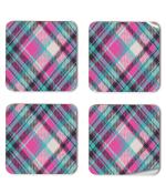Whats Your Kick Pink And Light Blue Check Pattern Design Printed Set of 4 Coaster With Metal Stand
