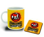 Whats Your Kick Challenge Accepted Quotes With Yellow Background Printed White Ceramic Coffee Mug With Coaster 325 ML