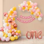 SPECIALYOU.IN Pastel Theme 1st birthday decoration item DIY combo for girls with chrome, yellow & pastel color balloon set, Pink happy birthday banner and rose gold one Foil balloon pack of 54 items