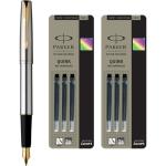 Parker Frontier Stainless Steel GT Fountain Pen + Quink Ink Cartridge - Black (Pack of 6)