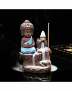 Beckon Venture - Blue Handicrafted Meditating Monk Buddha Smoke Backflow Incense Burner With 10 Smoke Backflow Incense Cone In Incense Sticks