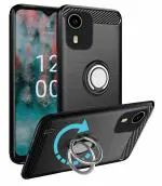 Unistuff Back Case Cover for Nokia C12 Pro with Magnetic Kickstand | Premium Matte Finish | Camera Bump Protection | Rubberized Ring Cover - Night Black, 78236