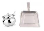 BLUE WONDER Stainless Steel Multipurpose Ghee Pot/Pickle Container with Spoon With Stainless Steel Dust Pan and (Multicolour, Pack of 2)