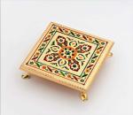 ShCraft Design Golden Meena Work Metal Pooja Temple Flower Design Wooden Designer Metal Stool Chowki Puja Stand