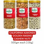 Bharat Super Foods Dry Fruits Combo Pack - Almonds, Cashews and Golden Raisin - 500gm each (Pack of 3)