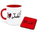 Whats Your Kick Judo Karate Theme I Love Judo Design Printed Red Ceramic Coffee Mug with Coaster and Tea Mug 325ml
