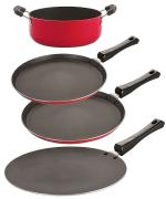 Nirlon 4 pcs of Red, Black 3 Layer Non-stick Aluminium Coated Kitchenware Essential Combo Set with Bakelite Handle Standard