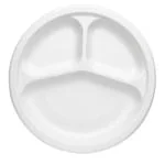 Vert-On White Sugarcane Bagasse 10 Inch 3 Compartment Compostable Round Natural Plates (Pack Of 50)