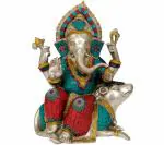 Idol Collections Multicolor Brass Lord Ganesha Ganesh Murti Statue Seated On Musaka, 12.5 Inch