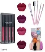 NUNIA Combo Matte,Mini Lipstick \pink bursh \family puff \ pack of 3