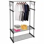 ADA Premium High Density Drizzle Metal Garment Rack with 10 Side Hooks and 2 Lower Shelves | Heavy Duty Multifunctional Clothes Rack - Black (84 x 31 x 140cm)