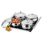 Prabha Stainless Steel Lotus Bowl 4 Pcs Set with Lid & Tray, Dry Fruit Set Box, Multipurpose Container Set with Lid Useful for home kitchen Dining Table Restaurants Hotels Events Stainless Steel Candy Bowl