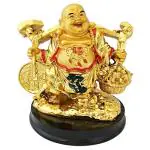 Sai Amrut Golden Resin Happy Man Laughing Buddha Holding Wealth Coin And Ingots Statue