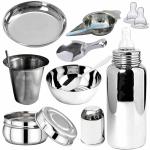 PGD Plain Silver Stainless Steel Baby Feeding Bottle with Feeder, Bowl, Idly Spoon, Spoon, Plate, Straw Glass, Food Storage Container Box - 200 ml