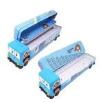 Cartoon Printed School Bus Matal Pencil Box with Moving Tyres and Sharpner for Kids - Blue