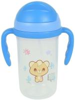 Mom's Pride Sky Blue Plastic Baby Opaque Soft Straw Sipper White Anti Spill Sippy Cup With Adjustable Strap - 350 Ml