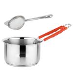 IDEAL PRIME Heavy Gauge Stainlesss Steel Saucepan Induction Bottom Tea Strainer Combo Durable Steel Milk Pan Team Pan Patila Tapeli Chai Channi Cookware Pack of 2