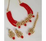 Gyaan Jewels Handmade Alloy Necklace, Earring and Maang Tikka Set Gold, Red, White (Women) (Pack of 1) Free Size