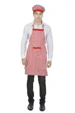 Switchon Red and White Cotton Check Chefs Kitchen Apron with Cap