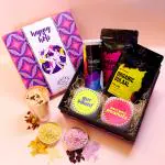 Healthy Treat Desi Bites Holi Gift Box I Holi Gift Hamper I Snacks, Thandai, Herbal Gulal I Corporate Gifts I Personal Gift Box I Premium Gift Hamper | Roasted Dry fruit Snacks and Skin Friendly Holi colour