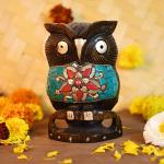 CraftVatika Multicolor Wood Owl Statue 13.4 x 8.7 cm
