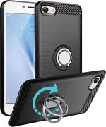 Unistuff Back Case Cover for Vivo V5 with Magnetic Kickstand | Premium Matte Finish | Camera Bump Protection | Rubberized Ring Cover - Night Black, 76758