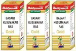 Baidyanath (Jhansi) Basant Kusumakar Ras with Gold Ayurvedic Medicine (3 Packs, 10 Tablets in Each Pack)