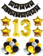 FANEX Solid Paper No 13 Gold Foil Balloons with Happy Birthday Decoration Items Black Banner Set of 13 Letters, 30 HD Metallic Gold , Silver and Black Balloons and 4 Gold Star shape Foil Balloons