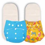 Deedry Oeko-Tex Certified Unisex Baby Cloth Diapers Washable & Reusable Diapers with Adjustable Snap Buttons 3 Months- 3 Years 1 Blue Solid & 1 Print Diaper+ 2 Inserts/Pads