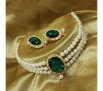 Gyaan Jewels Handmade Alloy Earring and Necklace Set Green, Gold, White (Women) Free Size