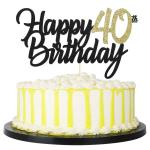 Festiko Black Gold Glitter Happy Birthday Cake Topper 40 Anniversary, Birthday Cake Topper Party Decoration (40th)