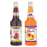 Manama Grenadine Syrup and Peach Syrup | 750ML Each | Mixer for Mocktails, Cocktails, Drinks, Juices, Beverages | Pack of 2