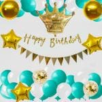 SPECIALYOU.IN Birthday decoration items kit for boys/girls/husband/wife/parents with White and Blue Balloons (12inch each) with gold confetti Balloons, Cursive HBD Banner and a golden crown- 62 items