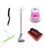 Qinpin All-in-One Bathroom Cleaning Set of 5 Brushes -With Hygienic and Deep Cleaning Silicone Toilet Brush, Tile Scrubber, Soap Dispensing Sink Brush, Gap Cleaner, and Streak Free Wiper for a Through Cleaning Solution