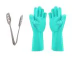Blue Wonder Stainless Steel Momo Tong with Bartan Washing Rubber Silicon Gloves and Multicolour, Pack of 2