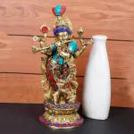ARTVARKO Home Decor Brass Lord Krishna Metal Statue with Flute On Round Base - 12 inch