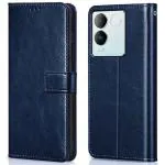 Fastship Leather Finish Inside TPU Wallet Stand Magnetic Closure Flip Cover for Vivo T2 Pro 5G - Navy Blue