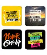 Whats Your Kick Positive Thinking The Secret Getting Ahead is Getting Started Quotes Printed Set of 4 Coaster With Metal Stand