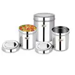 Ebun Stainless Steel Mirror Polish Plain Canisters Containers Ubha Dabba with lid for Kitchen Storage (850,1200,1400 GMS) Set of 3 Silver